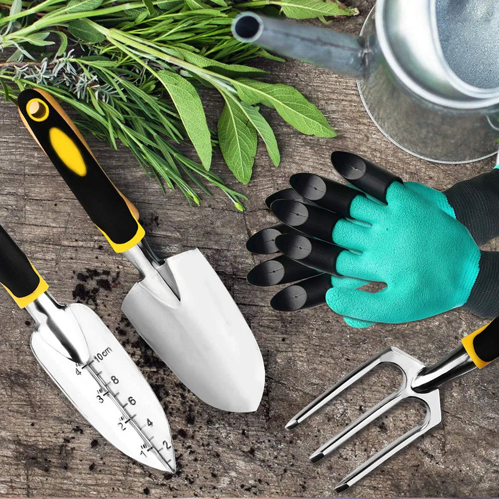 Garden Tool Set 4 Pack With Trowel, Cultivator Hand Rake, Transplant Trowel, Gardening Gloves For Weeding, Loosening Soil